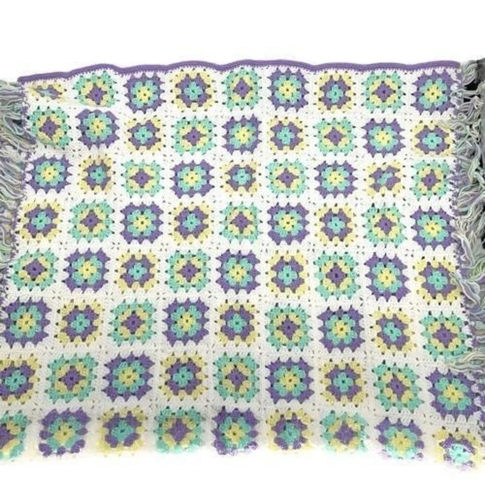 Handmade‎ Vintage Granny Square Crochet Afghan Pastel Purple Mint Yellow 38x48